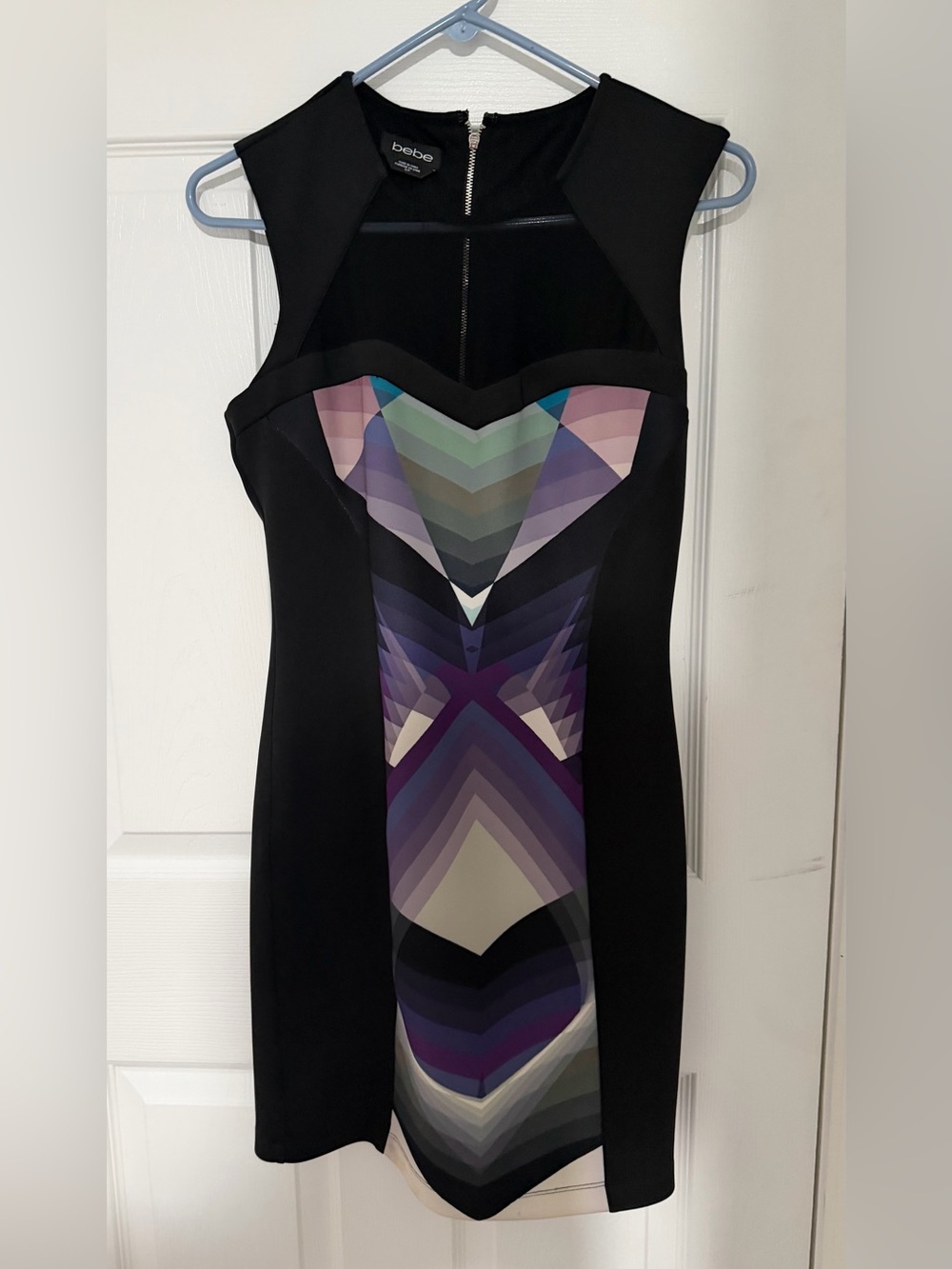 bebe Black Midi Dress with Multicolor Geometric Front
